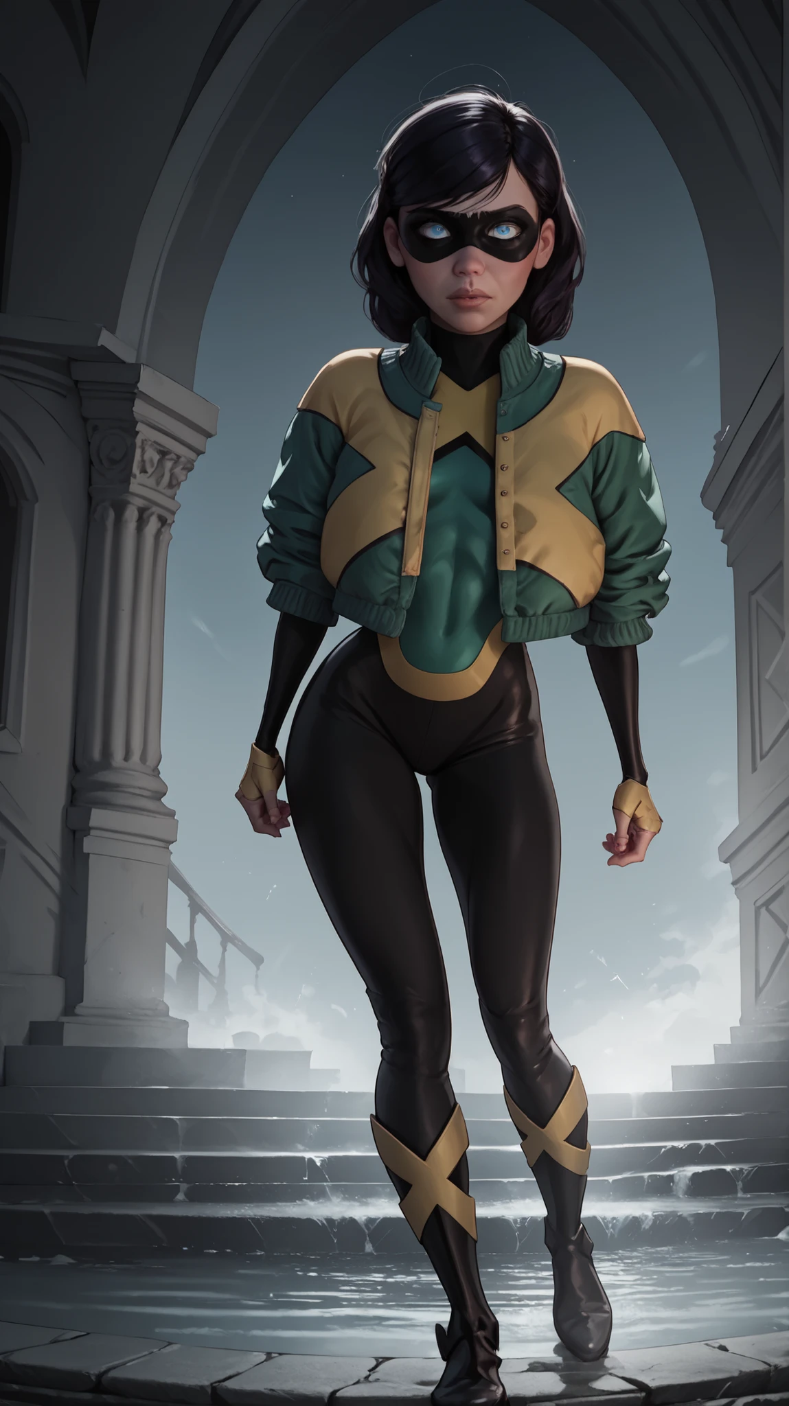 Violet parr wearing the bodysuit of Jeangreymarvelgirl, jacket green and yellow, she has big , long , straight black hair that falls below her shoulders , with a portion of her hair covering part of her face , she has big blue eyes , fair , youthful skin, curvy body, sagging breast, large butt, , short joint, short stature, , a black eye mask covers her eyes to hide her identity , her figure is slim and young , big , defined small waist , big butt , wide hips , thick thighs , athletic and curvy figure , perfect female body , erotic pose , (best quality , 4k , 8k , high resolution , masterpiece: 1 . 2) , ultra detailed , (realistic , photorealistic , photorealistic: 1 . 37) , highly detailed face and body , extremely detailed eyes and face , long eyelashes , cinematic lighting , dynamic pose , dramatic lighting , vivid colors , intricate details ,the background creates a modern cityscape with dynamic and elegant elements