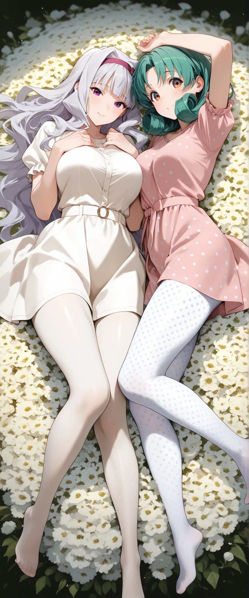 score_9 , score_8_up , score_7_up , source_anime ,2 girls, Shijou Takane, white hair, long hair, purple eyes, Tokugawa Matsuri, green hair, curly hair, casual mini dress, (polka dot pantyhose, white pantyhose: 1.5), Thick thighs, beauty legs, Lying down, in the flower field