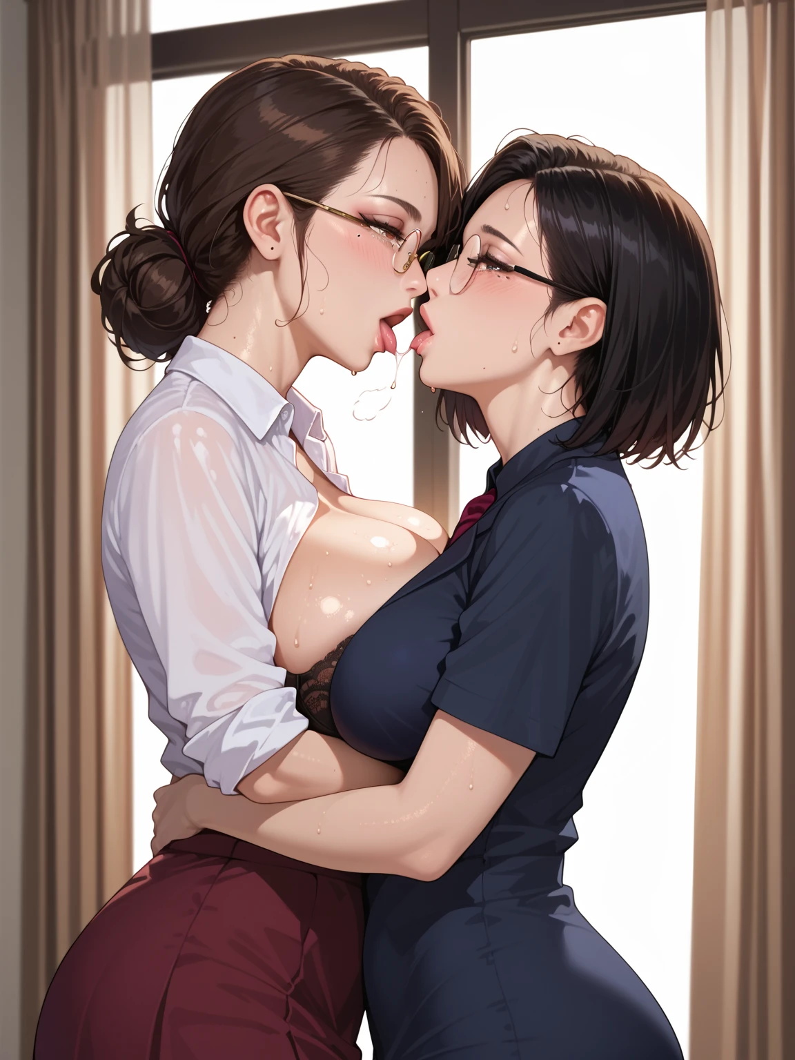 Amazing portrait of two lesbians aggressively making out passionately with their lips touching as they're hugging each other tight and kissing passionately and erotically with on sitting on the lap of another on a chair near a window as it's raining outside during night time in a dark room with one lamp giving off warm lighting