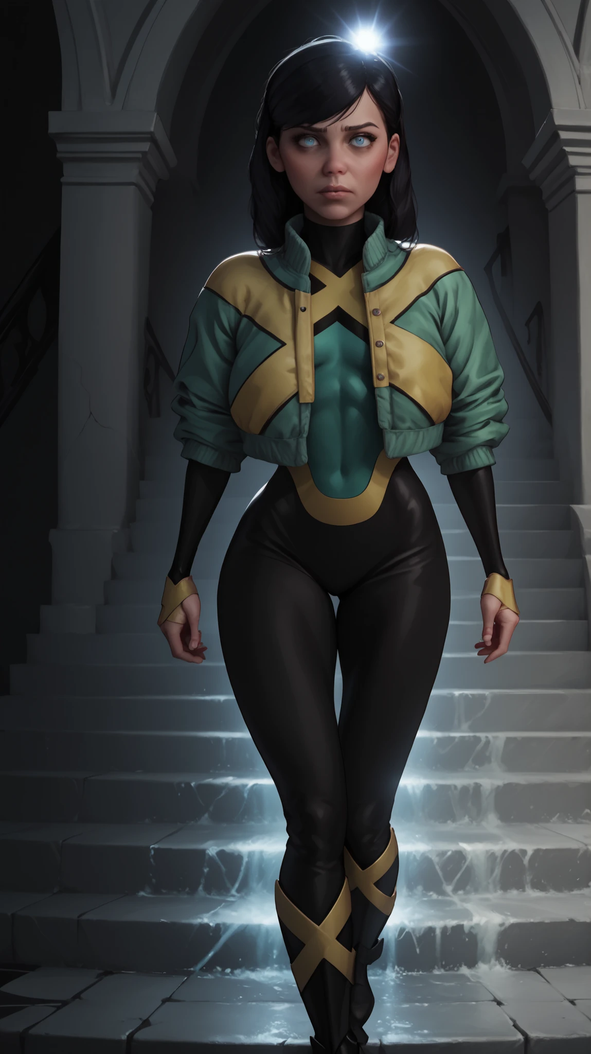 Violet parr wearing the bodysuit of Jeangreymarvelgirl, jacket green and yellow, she has big , long , straight black hair that falls below her shoulders , with a portion of her hair covering part of her face , she has big blue eyes , fair , youthful skin, curvy body, sagging breast, large butt, , short joint, short stature, , a black eye mask covers her eyes to hide her identity , her figure is slim and young , big , defined small waist , big butt , wide hips , thick thighs , athletic and curvy figure , perfect female body , erotic pose , (best quality , 4k , 8k , high resolution , masterpiece: 1 . 2) , ultra detailed , (realistic , photorealistic , photorealistic: 1 . 37) , highly detailed face and body , extremely detailed eyes and face , long eyelashes , cinematic lighting , dynamic pose , dramatic lighting , vivid colors , intricate details ,the background creates a modern cityscape with dynamic and elegant elements