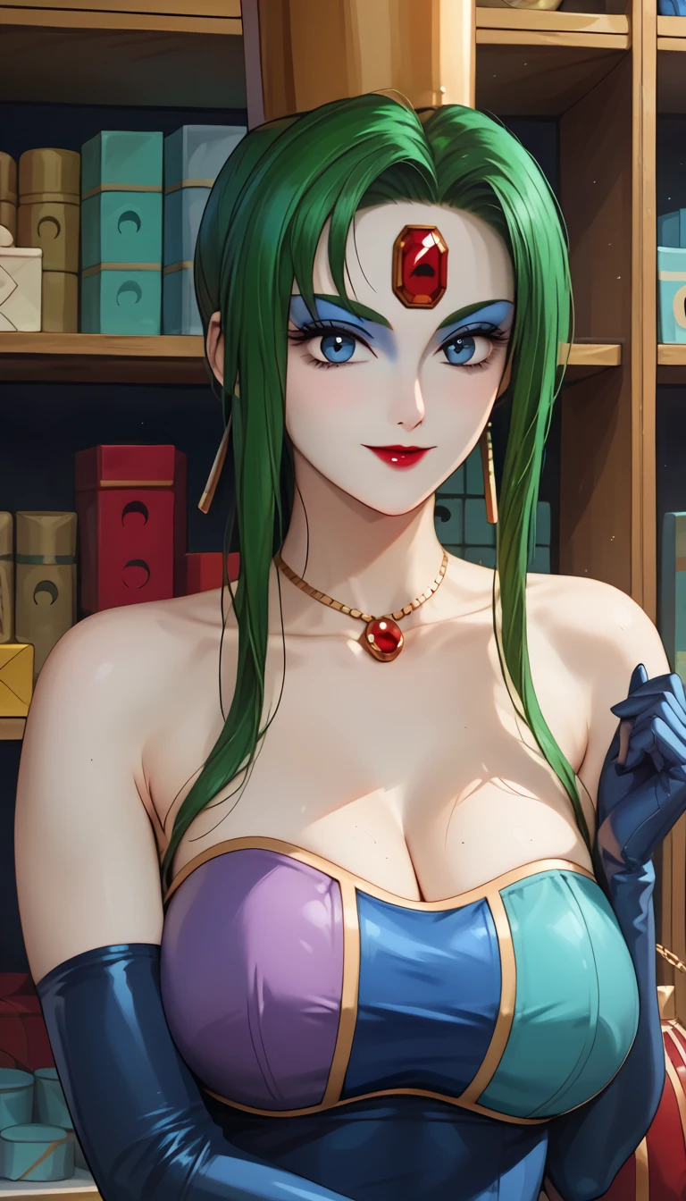 (masterpiece,best quality,ultra-delicate,Perfect Face,16k,high resolution,very beautiful woman), Atsugessho:1.3, upper body shot,deep green hair,blue latex bodycon dress, long latex gloves, green tights, ((large breasts)), gold headpiece, pale blue skin, red gem on forehead, pink mist, ((cosmetics counter)), holding large red ball on rope, necklace, smirk, (extremely glossy)