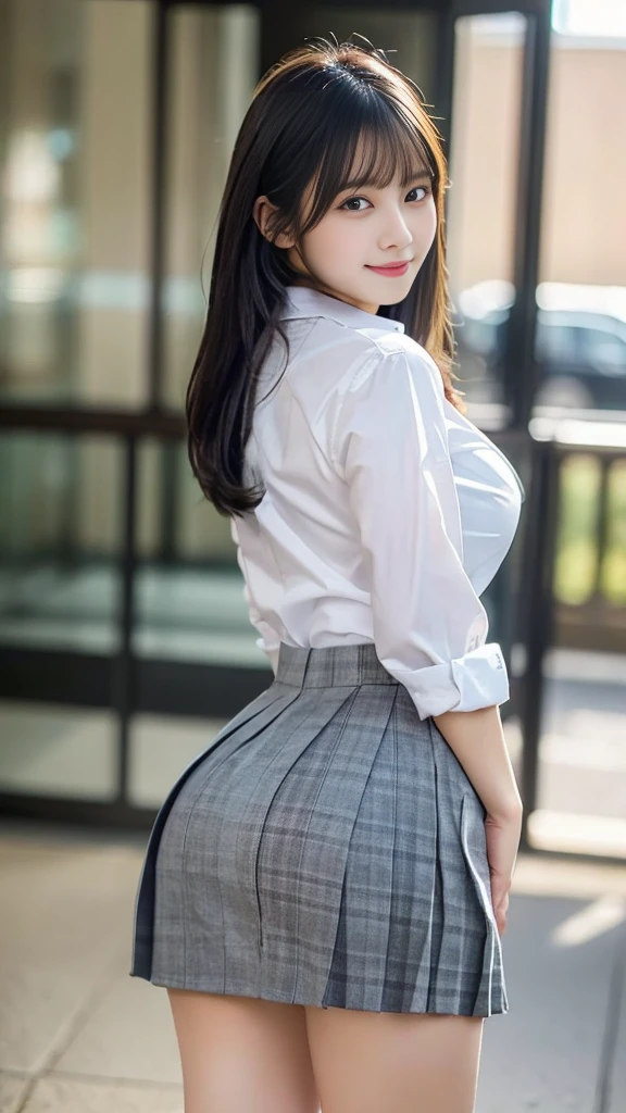 super hot japnese man dress up as most sexy office milf perfect with makeup making horny face with largest wide ass and largeat breast like giant melons wearing a tight school girl uniform and skirt skirt and tight shirt make full front view