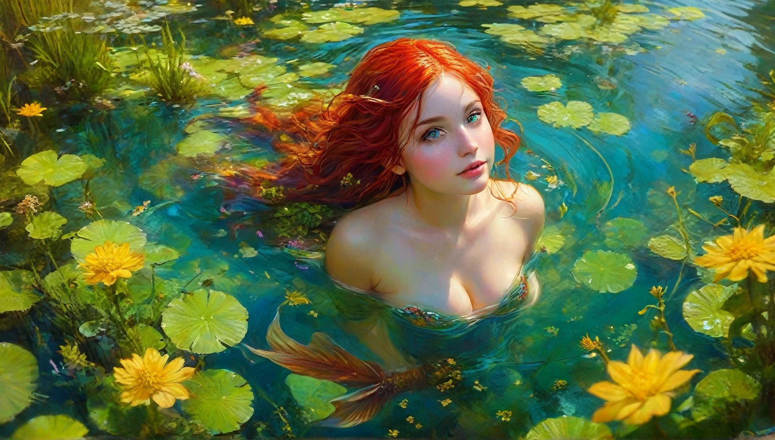 Gorgeous sexy beautiful realistic woman underwater in her thirties on field with cotton and roses, with freckles and blonde curls and skindetails during golden hour, skin with beautiful nostalgic mood and freckles with emotive face with wet skin and petals falling, red hair color, silk cloth, big breast,her breast cover with silk cloth, breast cover, --auto --s2