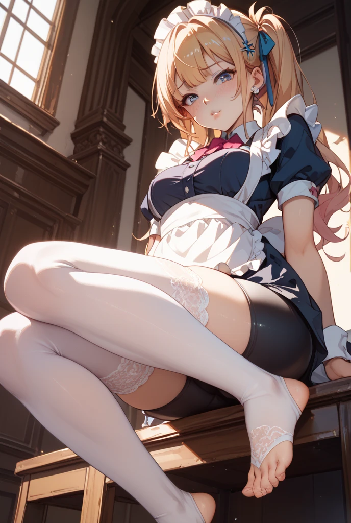 (Masterpiece), Best Quality, ultra-detailed, perfect hands(Delicate finger expression), perfect legs, Delicate eye expression, delicate face expression,1girl(ryune, Slender and sexy body, Moderate and pretty breasts, naked body, empty eye),blank face, closed mouth, Solo, nude, full body,maid (black, ultra miniskirt),maid headdress, skirt lift, pussy, cum in pussy, in a bedroom,standing, Sexy waist teasing, provocative pose,