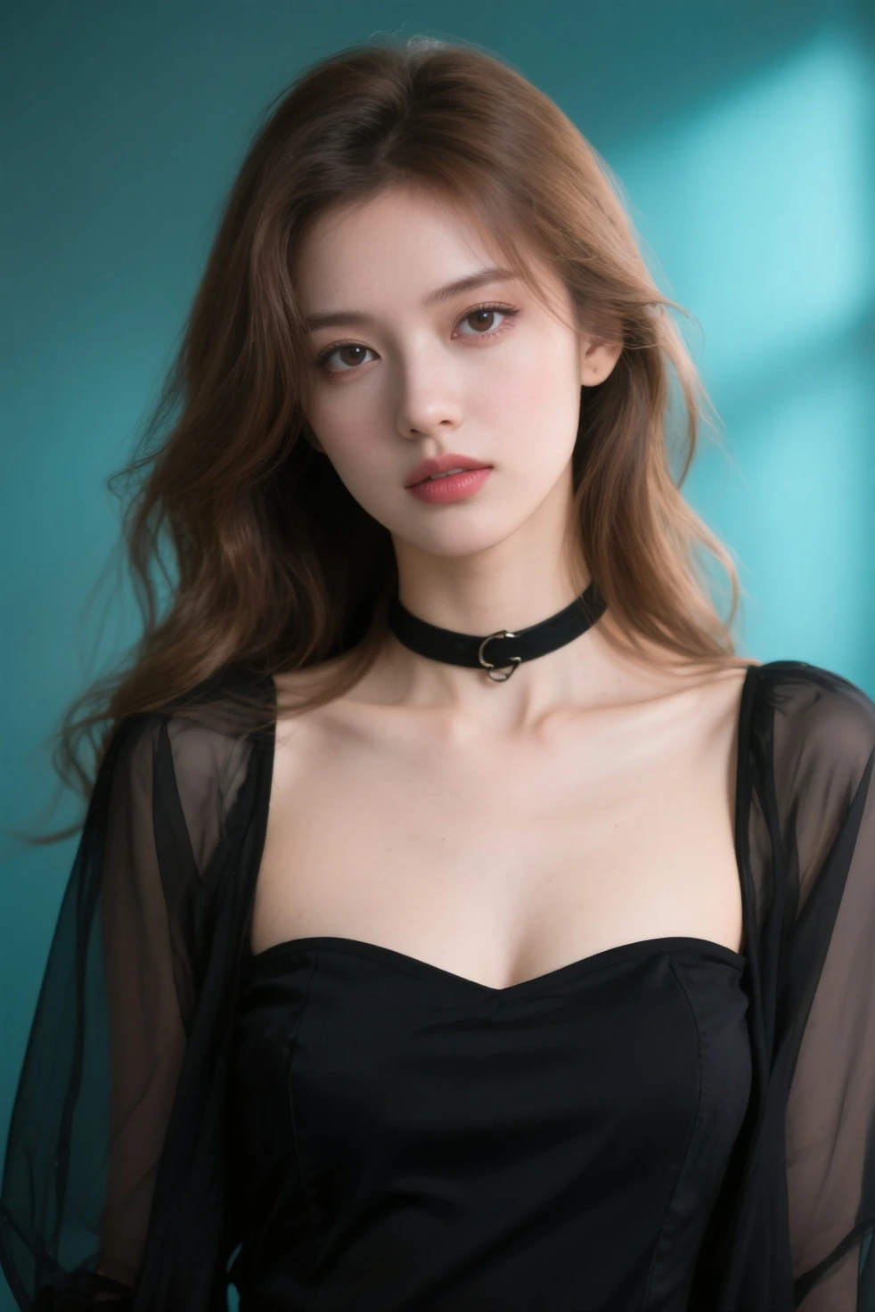 1 girl, very bright backlighting, solo, {beautiful and detailed eyes},large breasts, calm expression, natural and soft light, hair blown by the breeze, delicate facial features, Blunt bangs, beautiful Russian girl, eye smile, very small earrings, 22yo, ((model pose)), Glamor body type,(colorful hair, Half red and half brown hair:1.2), real hands, masterpiece, Best Quality, photorealistic, ultra-detailed, finely detailed, high resolution, brown messy hair, perfect dynamic composition, beautiful detailed eyes, Russian girl,((nervous and embarrassed)),sharp-focus, beauty mix, Film Girl, shy smile,(wearing a black See-through high neck dress:1.5),(nipples are visible through the dress:1.3),(head tilted:1.5),(small top hat hair accessory:1.3),facing reality,(white background:1.3)