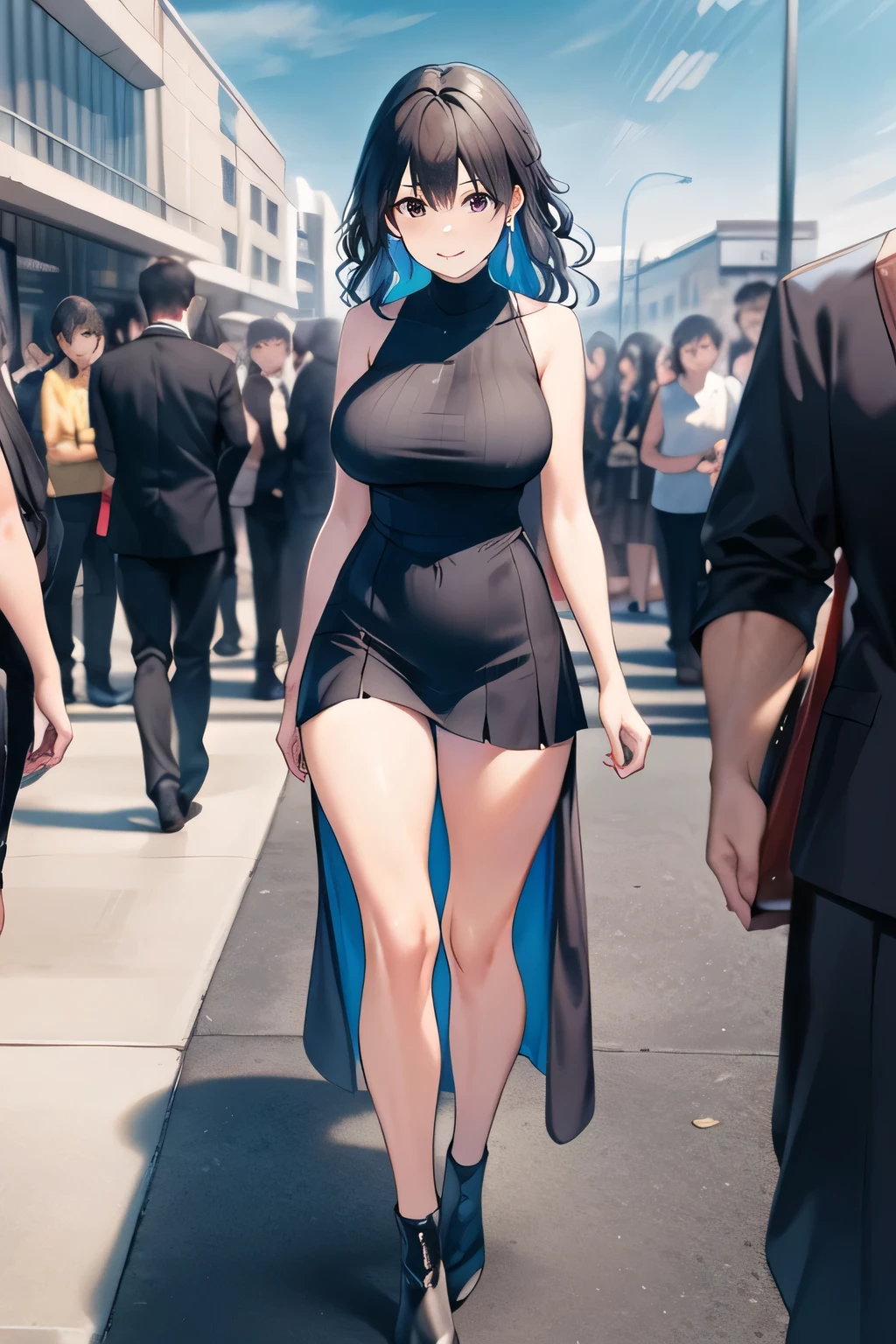 Can you draw a nice smile,Can I draw a swimsuit at the pool facility,I'm drawing a facial expression。depicts her expression more delicately,Faces are very important,can I draw a sleeveless dark blue long dress,Big Breastsでもウエストが細い,{{X}},depicts her expression more delicatelyいいですか,walking alone, city tour ,,(((she is dressed in casual tourist style))), I have a SLR camera ,(Let's draw a more delicate look),(sleeveless wool sweater),( Pleated Legs,white panties),(That work is enough for one person {X} why don't you draw the perfect balance to prevent destruction)、 That's enough,frown。unless the job requires it。 {X}、 , Attractive 40-year-old adult woman takes off her uniform, Big black wavy hair, , Big Breasts, thin waist , , ,