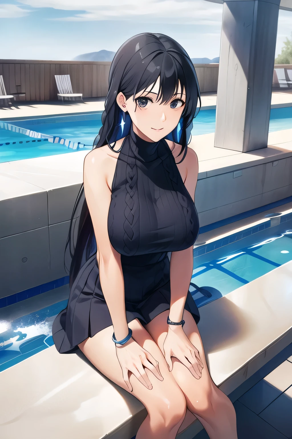 Can you draw a nice smile,Can I draw a swimsuit at the pool facility,I'm drawing a facial expression。depicts her expression more delicately,Faces are very important,can I draw a sleeveless dark blue long dress,Big Breastsでもウエストが細い,{{X}},depicts her expression more delicatelyいいですか,walking alone, city tour ,,(((she is dressed in casual tourist style))), I have a SLR camera ,(Let's draw a more delicate look),(sleeveless wool sweater),( Pleated Legs,white panties),(That work is enough for one person {X} why don't you draw the perfect balance to prevent destruction)、 That's enough,frown。unless the job requires it。 {X}、 , Attractive 40-year-old adult woman takes off her uniform, Big black wavy hair, , Big Breasts, thin waist , , ,