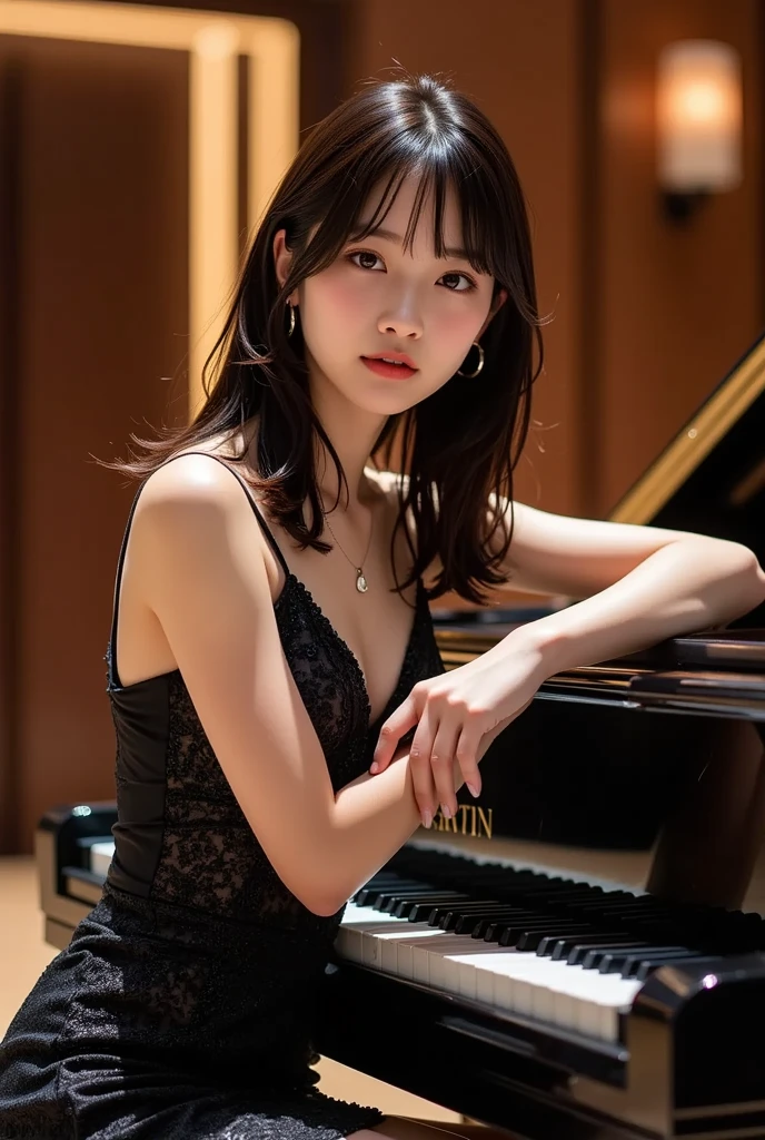 ((Beautiful girl playing piano in the living room, Practicing the piano)), Detailed Piano, From above, Mysterious Space, clear々A nice morning, Living room of the mansion, Foliage plant, Window, (, Baby Face:1.4), (clear楚な黒ドレス), Small beautiful breasts, Small beautiful butt, (((Chest flickering:1.3))), ((Detailed eyes and face, Professional photography techniques, Cinema Lighting)), ((Detailed hands, The pianist's beautiful hands)), (Highest quality, 8K, masterpiece:1.2, RAW Photos), Short Hair, (Perfect Anatomy:1.3), (View the viewer)