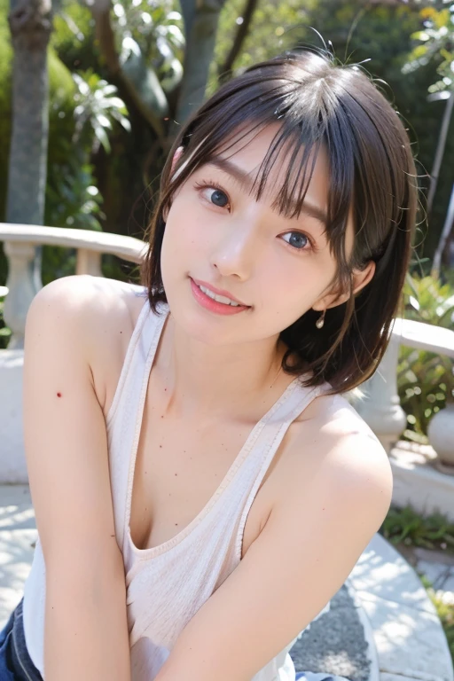 best quality, Masterpiece, Ultra high resolution, super model, big breasts, dynamic fashion poses, (realism: 1.8), original photo, 1 girl, bare shoulders, in the dark, deep shadow, speak little, cool light, , ((Japan)), Wet skin, Underwater, (breast posture), (sexy pose), ((( thin tank top ))) Smile a little