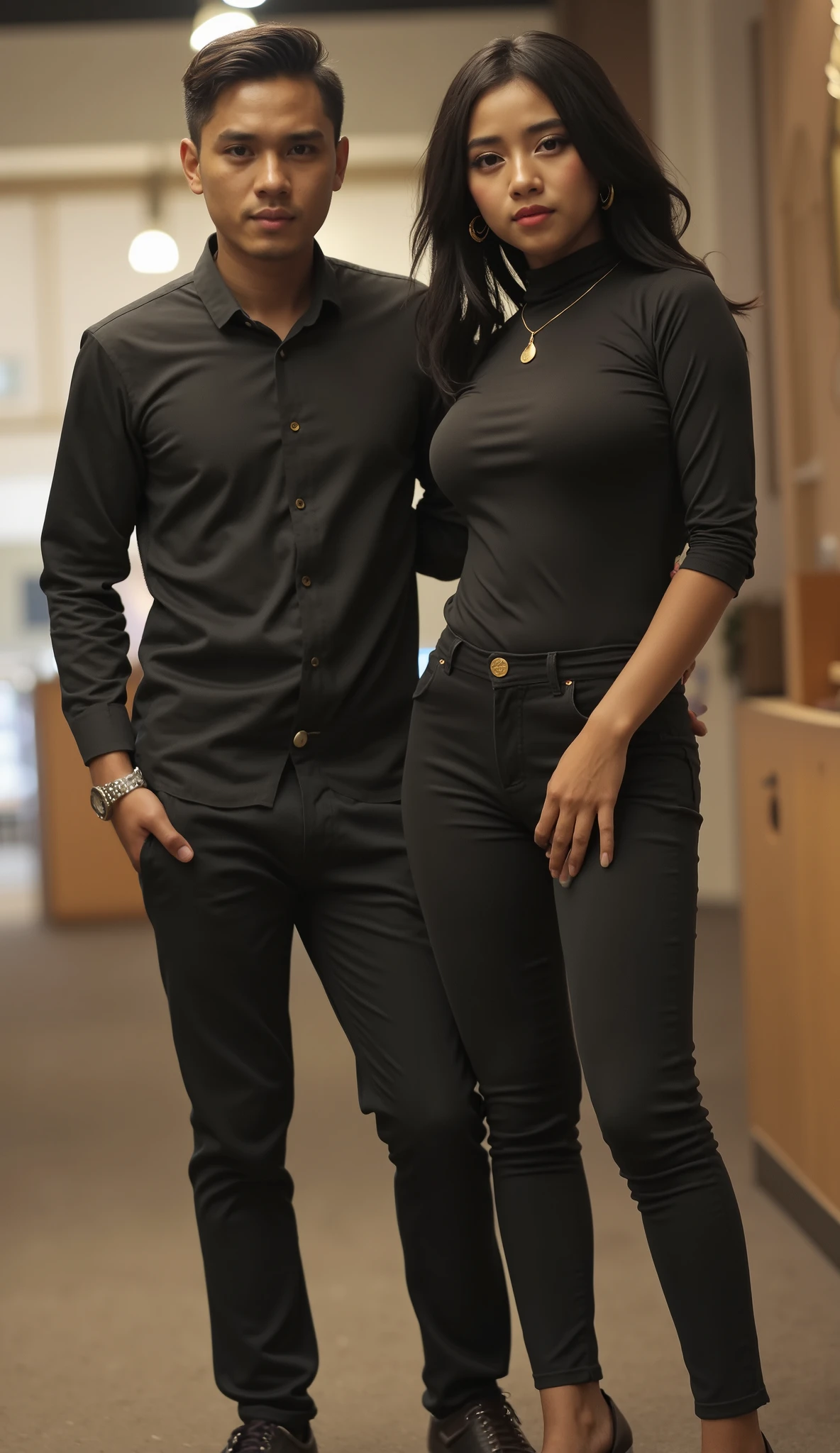 an Indonesian man and an Indonesian woman standing next to each other, an image, inspired by Adam Dario Keel, which is trending in the cg community, a handsome young Indonesian man with a beautiful young Indonesian woman with black tangled hair, a man dressed in a shirt and pants with shoes and a woman dressed in a necklace shirt and skinny jeans and heels. singer, movie screencap, model elissa jes from acqua models, ultrarealistic, 32k, clear, detail