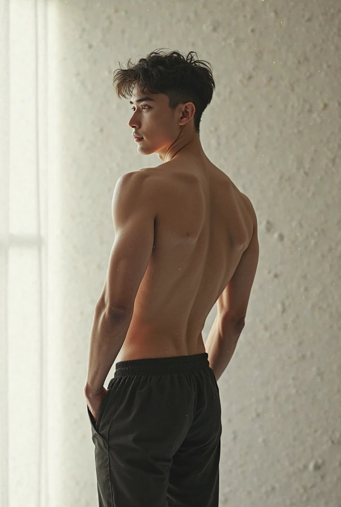 Art photography, full body shot, A handsome young topless man in a simple cement space, Mirrors and glass reflect the natural light shining from the outdoors, light beams reflected on the skin of man, light spot