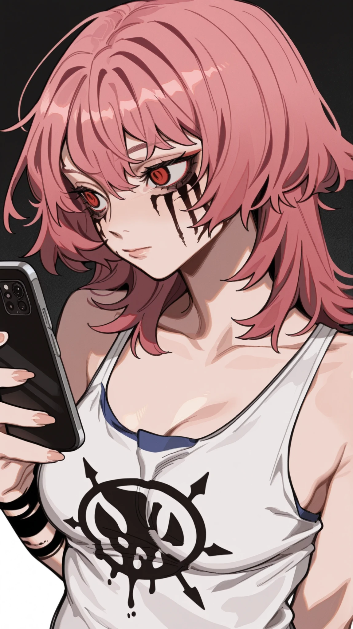 masterpiece, best quality, amazing quality, newest, very aesthetic, 1girl,Image is a digital illustration in an anime style, featuring a female character with distinct features. She has long, pink hair with a layered cut, and her eyes are a striking shade of red. Her skin is fair, and she has bold, black tribal-like markings on her face and arms, adding a unique and edgy appearance. The character is wearing a white tank top with a blue trim, revealing her shoulders and arms. She holds a smartphone in her right hand, which is white with a dual-camera setup. The background is solid black, emphasizing the character's vibrant colors and details. The overall composition is focused on the character, with a dynamic and engaging pose.