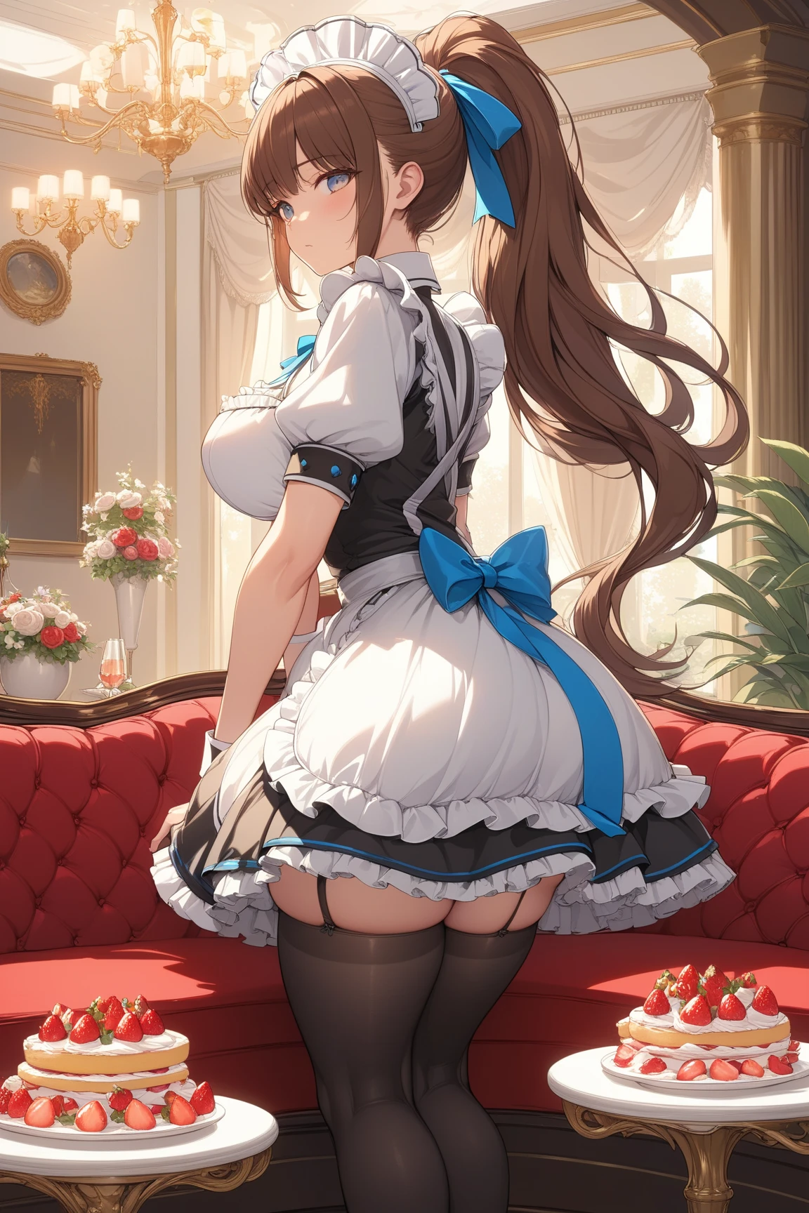 Arafed image of a beautiful girl dressed as a maid and white stockings, anime girl, she looks back, she shows her back, royal blue maid uniform with miniskirt and ruffles, short sleeves, choker with a blue bow, white apron, low-cut chest, large round breasts, colored inner hair, dark brown hair, bangs, long hair, ponytail, wavy hair, swept bangs, shiny hair, hairclip, hair ribbon, maid headdress, butterfly hair ornament, aqua eyes, glowing eyes, pupils sparkling, earrings, shy, blush, red lips, glossy lips, teeth, nose blush, embarrassed, (standing, modern mansion, skirt lift), you can see her panties, nice round buttocks, white lingerie with pretty lace, view from behind, her skirt accidentally rises, upskirt, full body, defined and perfect body, high detail, anime, anime style, chiaroscuro, depth of field, dithering, image fill, framed, wide shot, panorama, perspective, lens flare, Wide-Angle, f/1.8, 85mm, Nikon, 8k, super detail, UHD, retina, masterpiece, accurate, anatomically correct, high details, best quality, highres, 1080P, 16k