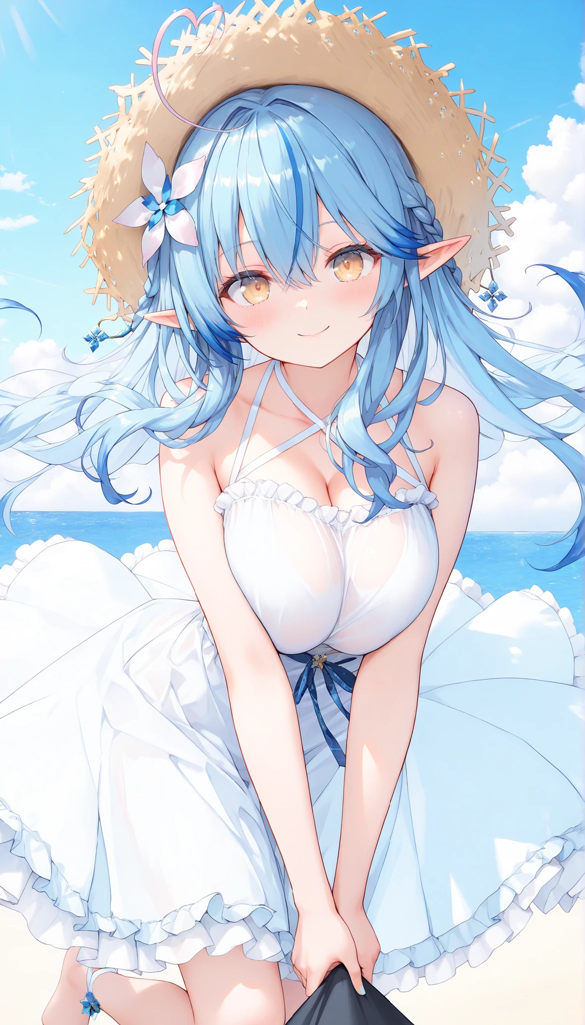 ((2D beautiful girl、top-quality:1.perfect fingers:1.1、perfect anatomy:1.1、Dress perfectly、face perfect:1.1、Beautiful illustration))、(transform sequence)、((cute decorative headband)、14years、Solo、hime、Fractal Art、baby-face、((straight long hair))、(Slender and beautiful legs drooping eyeull body photographed:1.1、Long Shot Photography)、((1 persons))、The background blue sky and sandy beach、Happy smiling face、((nipples)) (angle from below), ((no panties)), cyan hair, (((naked))) (far view)