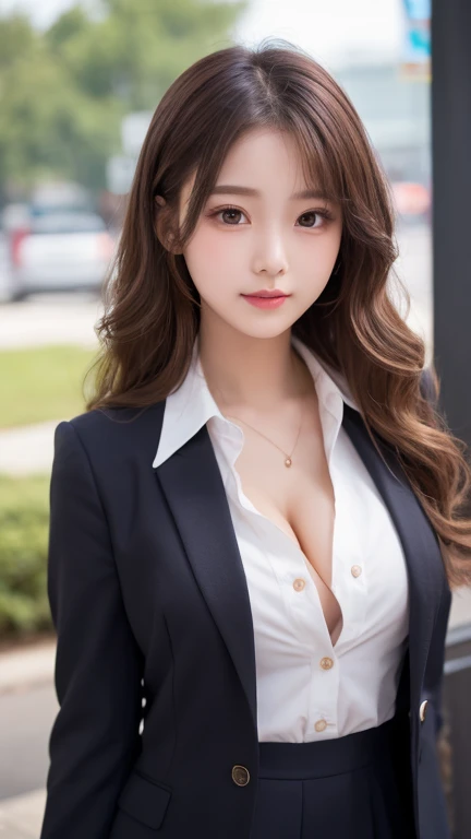 ((Best quality, 8k, Masterpiece :1.3)), Sharp focus :1.2, A pretty woman with perfect figure :1.4, Slender abs :1.2, ((long hair , Big breasts :1.2)), (Blazer over very thin white button up shirt :1.1), City street:1.2, Highly detailed face and skin texture, Detailed eyes, Double eyelid, golden eyes, gorgeous , tube tops and suits