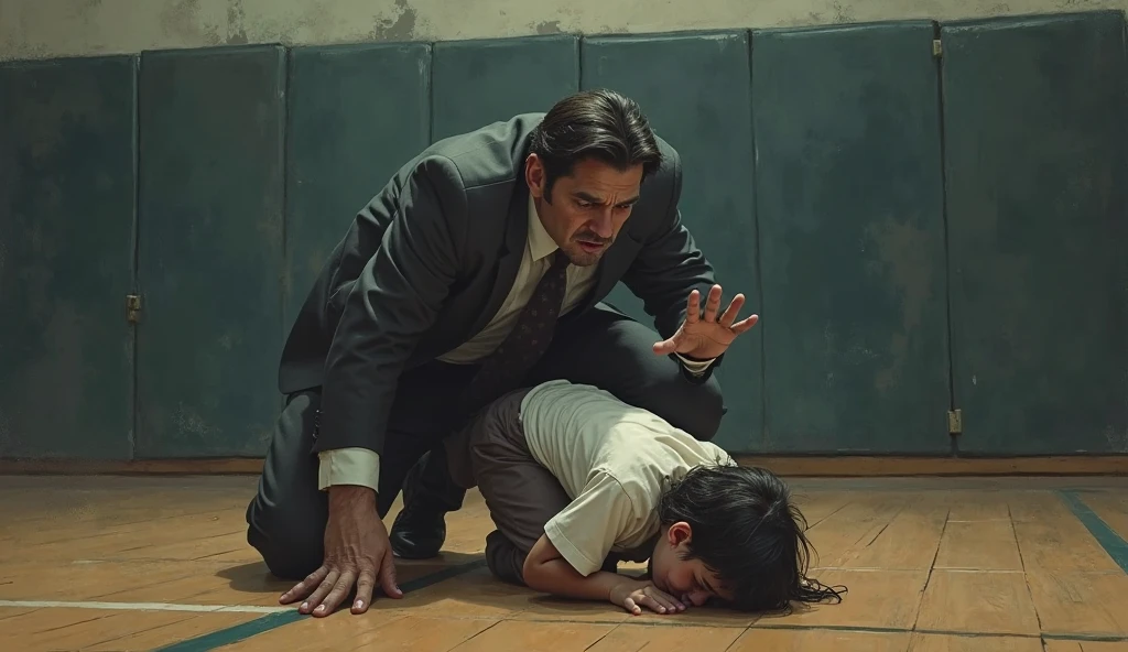 Describe a poignant scene in a courtroom where a man is kneeling in front of a child, tears streaming down his face. The child, a symbol of innocence, stands before the man in a setting laden with the solemnity of a courtroom. Capture the emotions in the room—the man's overwhelming grief, the child's innocence, and the weight of the moment. The scene should convey a powerful sense of emotion, vulnerability, and the complexities of the situation."