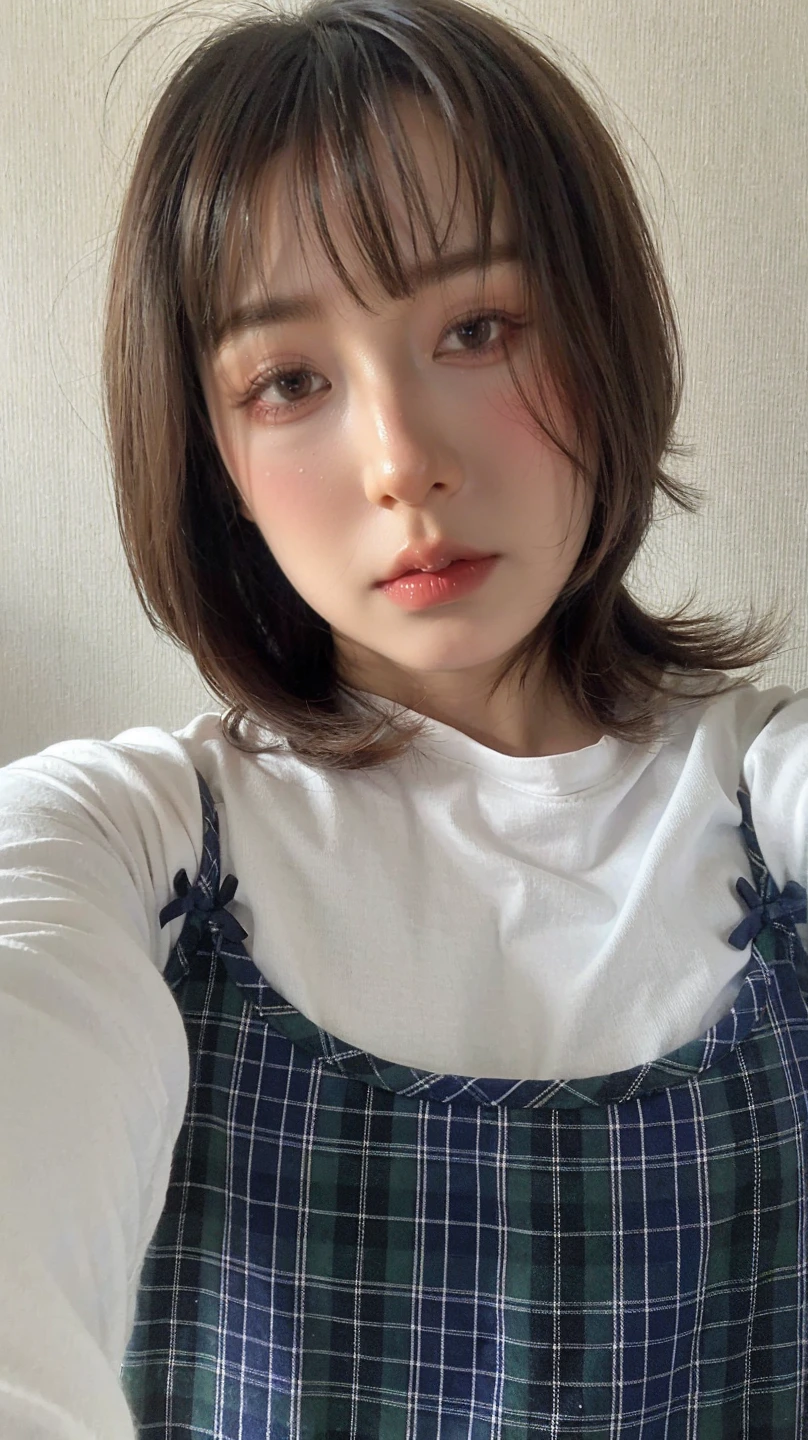 ((Wavy Short Hair))、Long Bangs、Cafe Background、(masterpiece、Highest quality、In 8K、32K、masterpiece、Hmph、Super huge 、Ultra-high resolution、Impressionism、Photorealistic:1.2)、Cowboy Shot、Sharp focus、Beautiful face with detailed face and eyelid background、Blue sky、Glowing Skin、Sharp pupils、Realistic eyes and beautiful face、Blurred Background、18 year old beautiful girl、Glowing Skin、(((Beautiful brown hair)))、Iris、(((Long sleeve white blouse)))、(((Checkered Pleated Skirt)))、(Knee-length skirt、I see a very small white scanti:1.45)、Thighs Thighs Thighs Thighs、curve、Dynamic pose、Powerful composition、((Melancholic expression))、((A look of contempt))、((Glaring at the audience))、sweating、((Brown Hair))、Lace panties、((Source Order))、(Small Mouth)、Skirt rip、((Grab the skirt))、Panties with sexy design