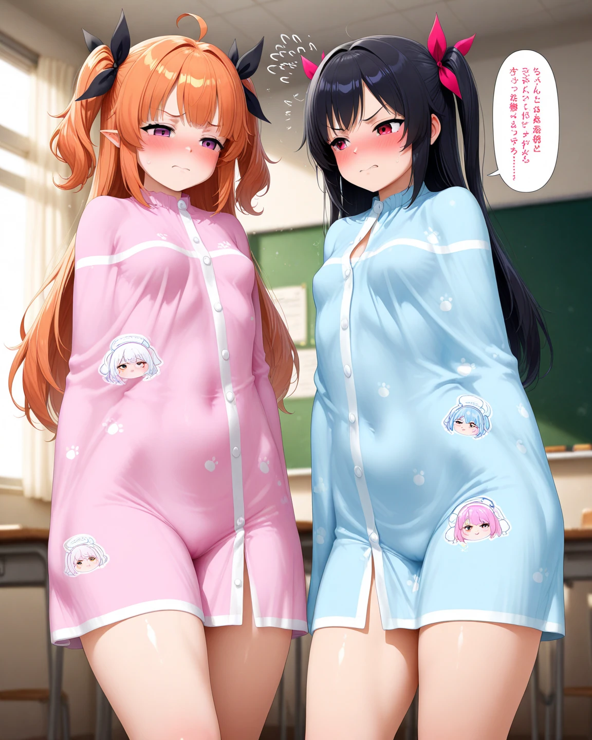 (((sometimes)) Deep kiss on a thick erect frankfurter sausage),((A plump and squishy lady:1.3)),((surprise!!:1.3)),(((Women's Lace Panties,((open crotch pantie)),transparent,Erotic lingerie,Big size,Open crotch underwear))),Highest quality、High resolution、Detailed Background、(Beautiful face in every detail:1.4)、,(((Sexy Lace Nightwear for Women,transparentなメッシュのlingerie,transparentなエロティックなポルノドレス,Long sleeve,lingerie,summer pajama))),(((A lively and playful scene in a Japanese kindergarten classroom filled with colorful toys and cheerful decorations. Two young girls, about 5 or , are standing on either side of a slightly shy boy of the same age. The boy, dressed in a simple shirt and shorts, looks a bit confused as the girls vie for his attention. One girl, with her hair tied in pigtails, is holding one of his hands, trying to lead him towards a play area filled with building blocks. The other girl, with short, bobbed hair, is gently tugging on his other hand, offering him a stuffed animal to play with. Both girls wear the typical kindergarten uniform, consisting of a cute smock and matching hat, and their expressions are a mix of determination and playful rivalry. The scene is lighthearted and innocent, capturing the charming dynamics of young children at play.)))
