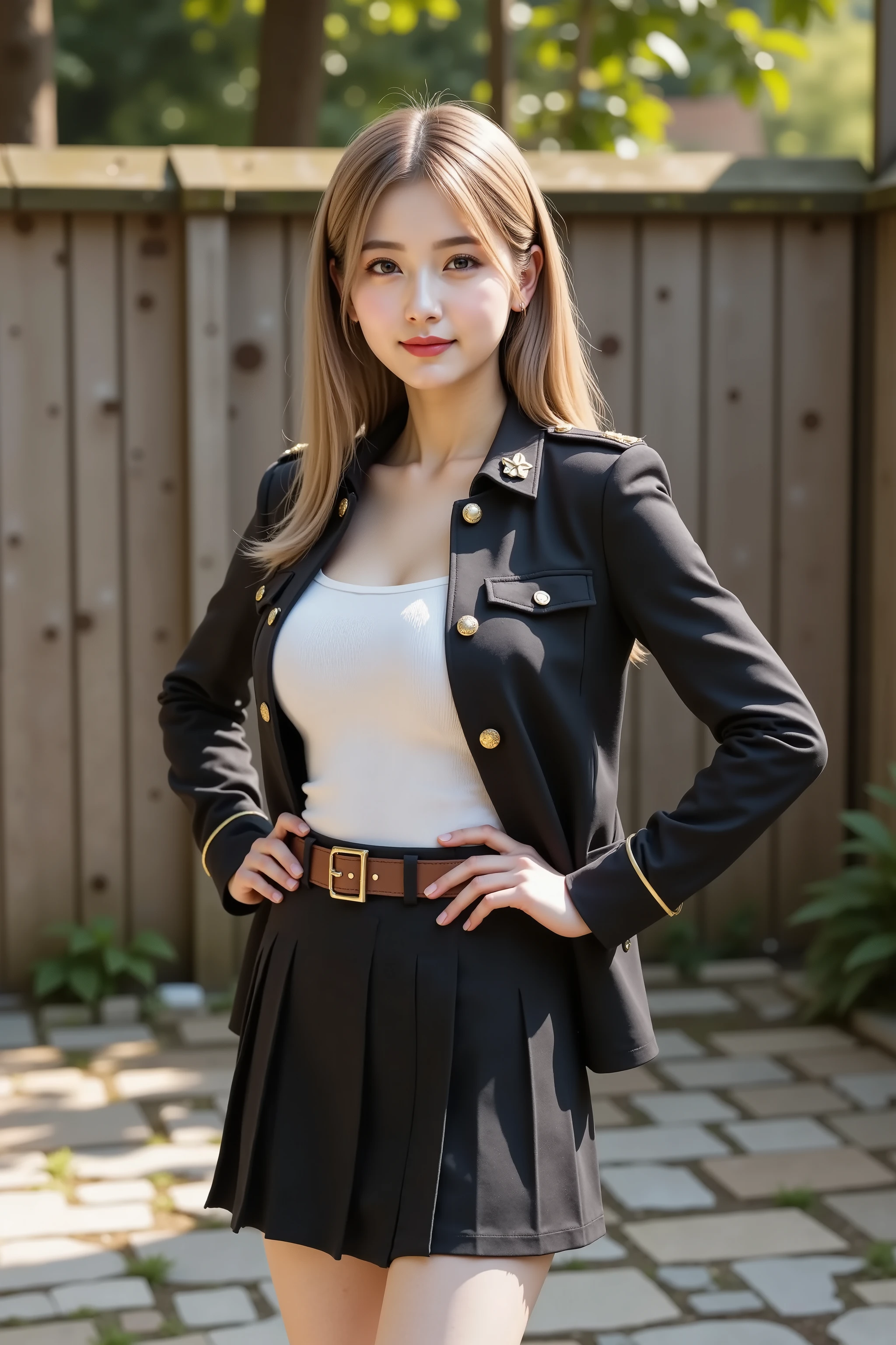 smile, hair styled in aplatinum blonde, gold hair,A photorealistic digital painting of a slender young woman with smooth fair skin and voluptuous firm breasts emphasized by a wide deep cleavage beneath a fitted black tailored military-style jacket featuring polished brass epaulettes, star-shaped rank enamel pin on the collar, and angular lapels that frame her torso, layered over a snug white ribbed crew-neck tee with micro-perforations near the shoulders and subtle stretch lines across the bust, each hair strand rendered with lifelike detail and soft stray wisps drifting around her shoulders and framing her face, styled so that a few tendrils float in a gentle breeze. She pairs this with a high-waisted black pleated mini skirt in a fine twill weave, the knife pleats pressed sharply with tonal topstitching and a discreet side slit at mid-thigh, secured by a supple brown leather belt with textured grain, triple belt loops, and a brushed brass rectangular buckle embossed with a crest. She stands full-body in a vertical 2:3 composition in a sunlit courtyard enclosed by weathered vertical wooden fence panels overgrown with ivy tendrils and moss, tiled with irregular stone pavers interspersed with tufts of grass. Her pose is precisely reproduced: both hands rest confidently on her hips, fingers splayed and thumbs hooked into the belt loops, elbows angled back to thrust her shoulders rearward and her chest boldly forward, maximizing the depth and width of her cleavage. Her weight shifts onto her right leg causing her left hip to jut outward and her left knee to bend inward, toes pointed down to create an elegant inward curve of her slender legs, torso twisted subtly to the left with shoulders drawn back to lift her bust, head tilting forward just enough as her almond-shaped eyes meet the viewer in a calm, assertive gaze and her lips part into a slight, inviting smile. Natural sunlight streams through overhead branches, casting dappled linear highlights across her hair and