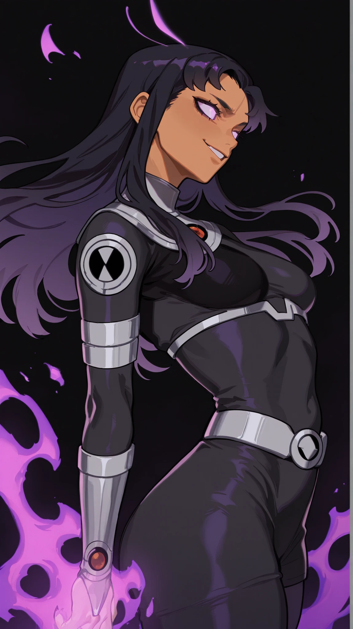 masterpiece, best quality, amazing quality, newest, very aesthetic, 1girl,blackfire \(titans\),Image is a digital illustration featuring a stylized, animated character with a dynamic pose. The character has light skin and is depicted with short, spiky hair that appears to be made of vibrant, glowing purple flames. They are wearing a form-fitting, futuristic outfit in shades of gray and white, with long sleeves and a high collar. The character's expression is intense, with eyes narrowed and a slight smirk. Purple energy tendrils swirl around them, adding a sense of motion and power. The background is a dark, solid color, which contrasts with the bright elements of the character.