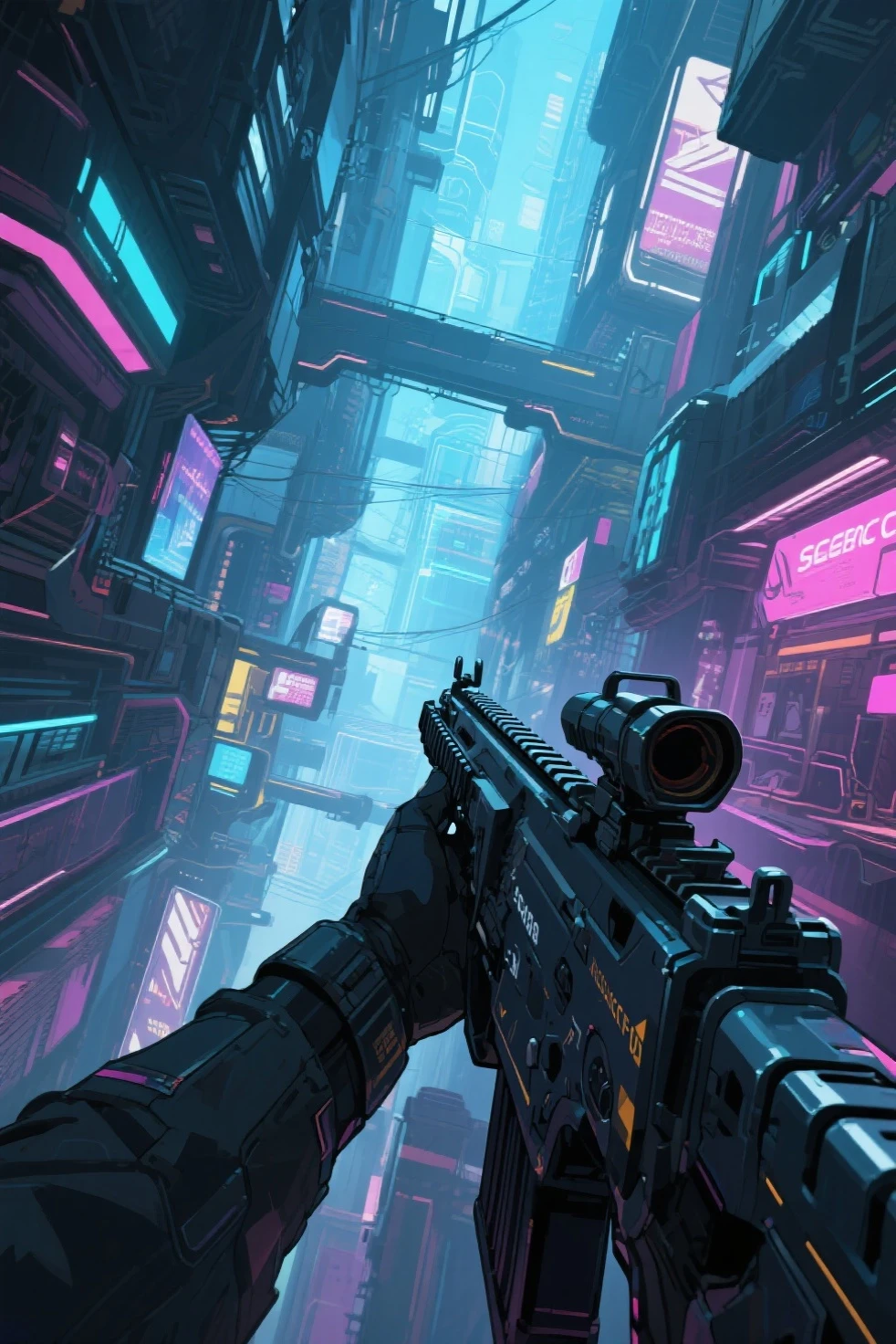 Futuristic cityscapes with colorful all-glass outlined towering skyscrapers with lightning, flying vehicle. High-resolution OLED GUI interfaces in the building, The windows are filled with transparent data visualization infographics that show it all, Egyptian fantasy arts, Egyptian statue, (Egyptian hieroglyphics). Colors are saturated and vibrant. At night, (1girl, solo, alone), photorealistic, large-breast slim:0.6 body, oval:0.5 face, cleavage:1.1, very low angle view of pleated miniskirt, deep-v, (upskirt), glove, (Matrix style black micro sunglasses), (aiming viewer with a short gun), dynamic running pose, (half-body thigh level close-up shot), cinematic lighting, ray tracing, motion blur background.