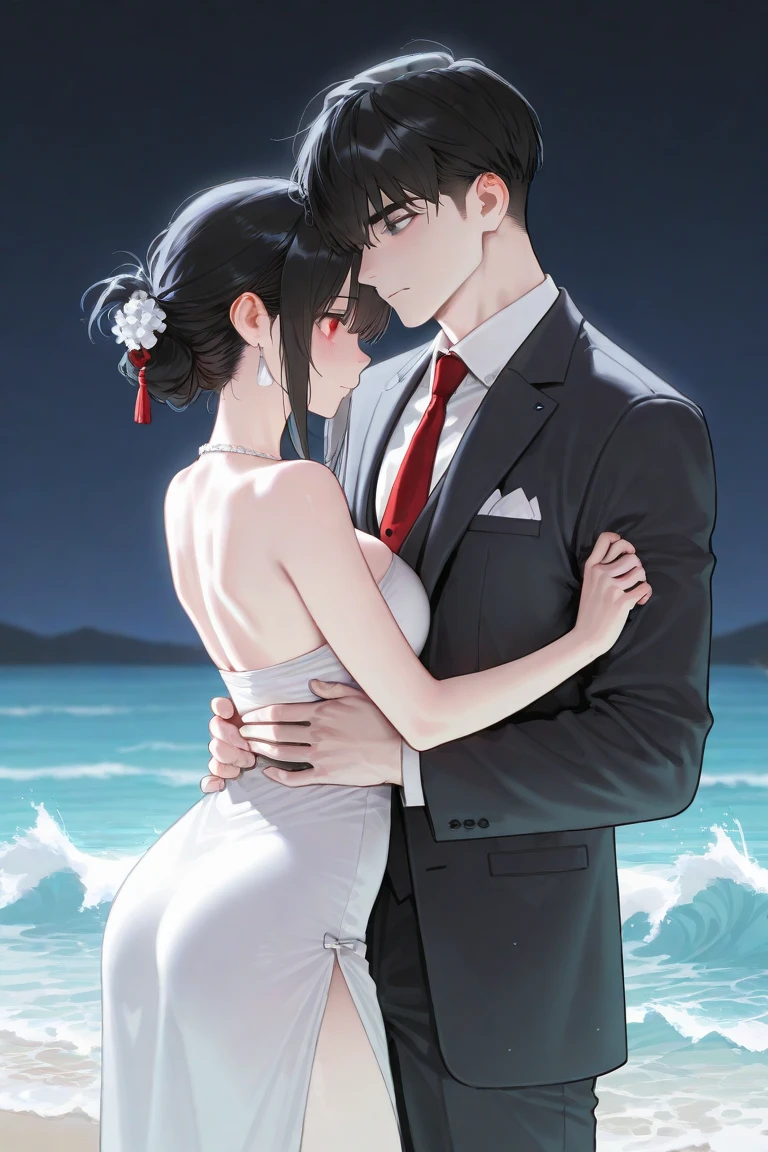 highest quality　Man and woman couple　Young man having an erection　Bikini beauty has big breasts　Black Hair　Ocean　