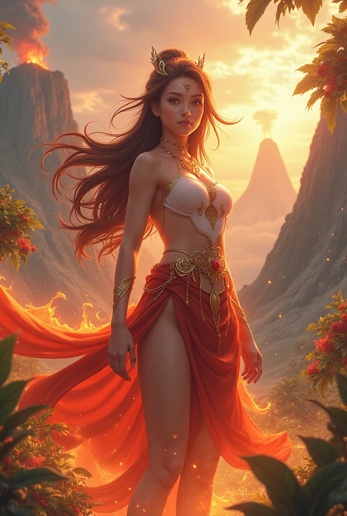(Masterpiece, best quality: 1.2), a girl standing in a ring of fire, with glowing red eyes, phoenix, lotus flowers, red gold pink, sunrise from mountain at the background