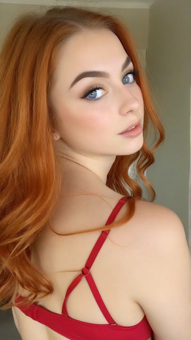there is a redhead woman sitting on a bed, 15 years old, pia sadie, Sofia Turner, redhead girl, de Sofia Turner, redhead, amaranth, Anna Nikonova aka Newmilky, ellie bamber, Red head, cabello redhead suelto, Sidney Sweeney, ellie bamber Fada, with pale skin, Goddess with red hair, Portrait Sophie Mudd, Taran Dasha, deep neckline