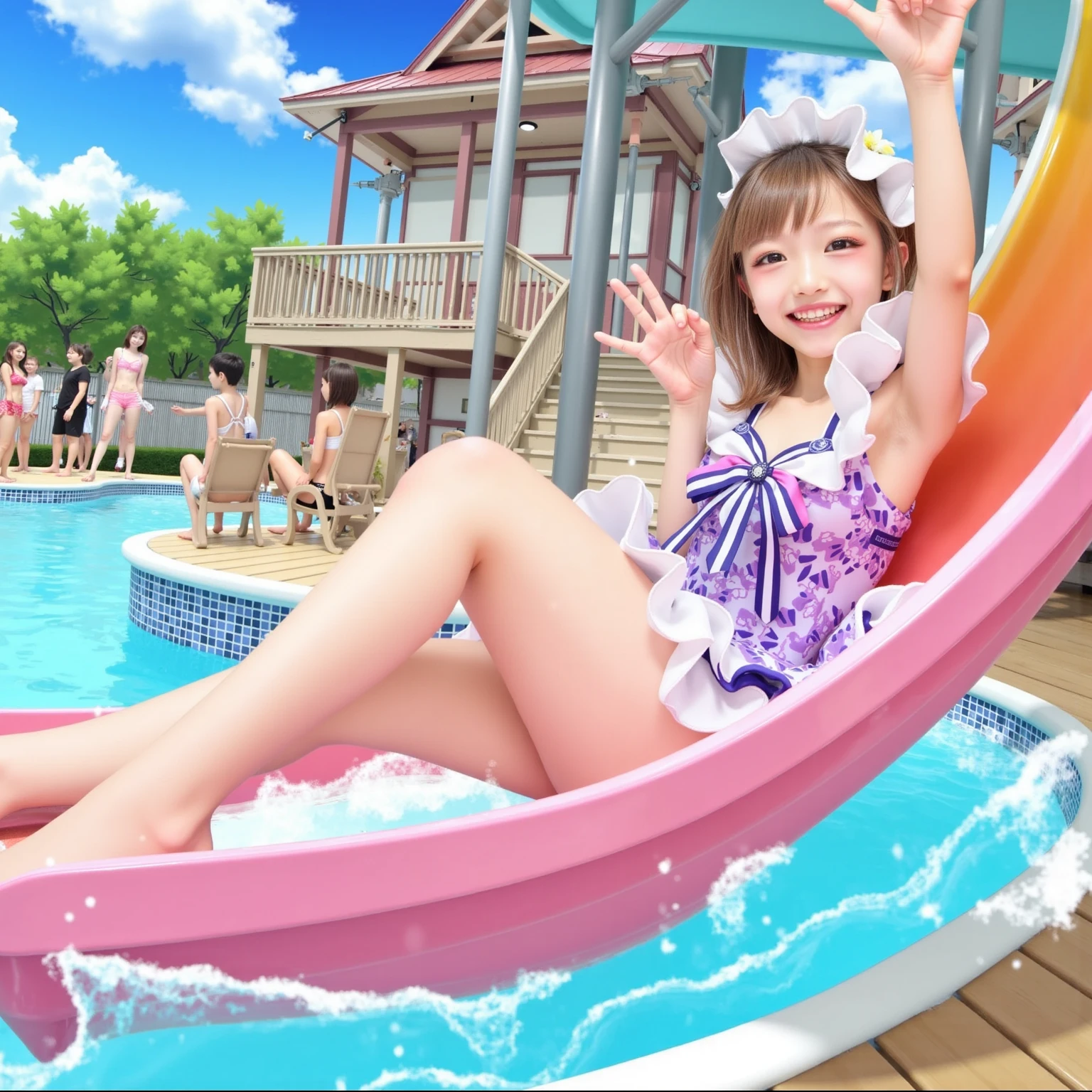 A lovely woman( sheer summer dress, bare feet) is having fun in candyland as she happily takes a bite of all the yummy candy under a happy sky