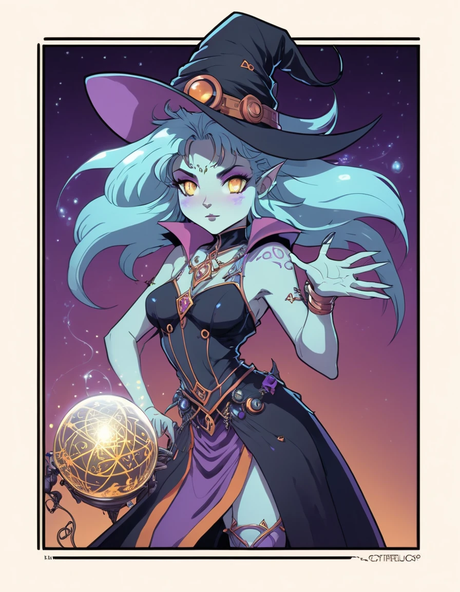 depicts a modern-day witch who has embraced the world of cybernetics to enhance her magical abilities. The artwork should convey the enchanting blend of traditional witchcraft and futuristic technology. Here are some specific elements to include: The Witch's Lair: The setting should be a cozy yet slightly eerie room, filled with magical books, crystal balls, potion ingredients, and antique furnishings. The room should be dimly lit by candles and a soft, mystical glow emanating from her cybernetic enhancements. The Cyborg Witch: The central focus of the artwork is the witch herself. She's a striking figure with a mix of traditional witch attire and cybernetic enhancements. Her clothing should have a witchy, occult aesthetic, with flowing robes, a pointed hat, and an intricate pentagram necklace. Her arms, however, have been upgraded with cybernetic components that incorporate magical symbols and glowing runes. Magical Interface: The witch is in the midst of casting a spell, with a holographic, touch-screen interface floating before her. This interface includes spell incantations, arcane symbols, and digital components, demonstrating her fusion of magic and technology. Spell Ingredients: On a nearby table, there should be a collection of spell ingredients, like herbs, potions, and magical artifacts. Some of these items may have been modified with cybernetic enhancements, blurring the line between the natural and the technological. Familiar: The witch's familiar, perhaps a cat or raven, should be present in the scene, serving as her magical companion. The familiar could also have subtle cybernetic enhancements or glowing eyes. Glowing Runes: The room should be adorned with ancient symbols and glowing runes on the walls and floor, contributing to the magical atmosphere. Aetherial Lighting: Use a combination of mystical, ethereal lighting and cybernetic glows to create a captivating interplay of light and shadow. The contrast between the tradit
