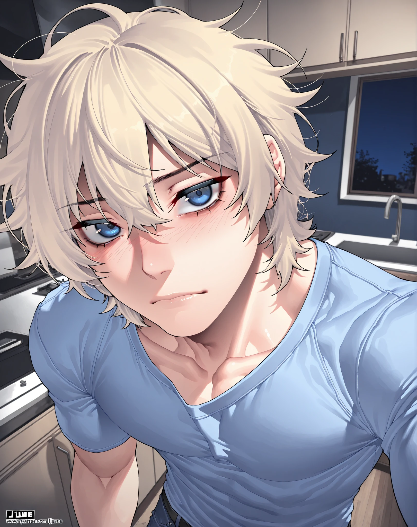 fair skin, blue eyes, handsome, man, blonde hair, messy hair, bangs, blue graphic shirt, jeans, indoors, night, kitchen, composed, blush, looking at viewer, posing, solo, jjune, (face focus, upper body focus, close angle), masculine, male