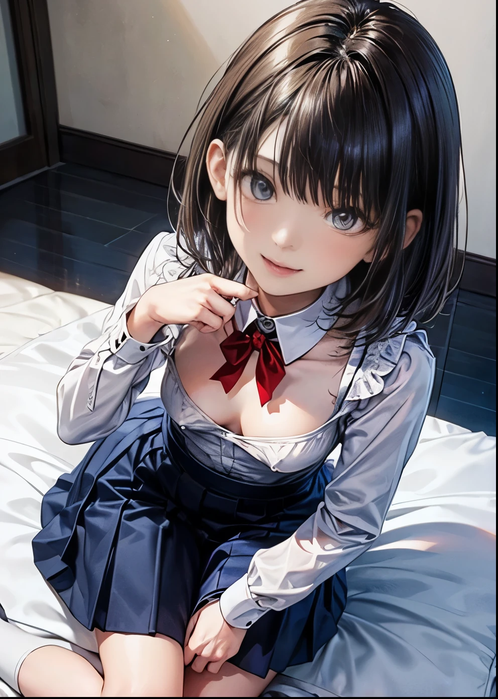 absurdres, RAW photo, extremely delicate and beautiful, masterpiece, Best Quality, ultra high resolution, 32k, hyperrealistic, ultra-detailed, in her 20s, delicate facial features, tearful mole, earring, medium breasts, full body shot, shorter middle hair, black hair, ((school uniform)), bedroom,