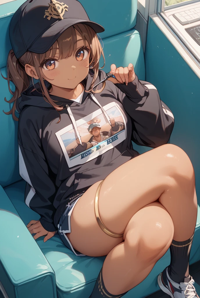 (high quality, 8k, 4K, High Contrast, masterpiece:1.2, 最high quality, Best aesthetics), ((1 female)),Sitting on the ground,Inner thighs, bright eyeshadow,((extra short hair)), (Background of blue sky and road along the sea), (He was only wearing a grey long-sleeved sweatshirt.), ((Black shorts)),(white super loose socks), Looking at the audience, Transparent Background, (Staring at me), Sleepy eyes, High Contrast, Contrasting colors, Black Hair, Red eyes,, Small star-shaped earrings in both ears, ((low angle shot)), Black baseball cap,Lime green sneakers,big tits