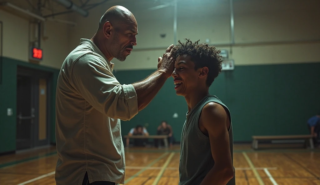 A tall white boy with short black curly hair getting an injection in a gym by a muscular black man On a movie cover with the name Pedro and the applicable creatine