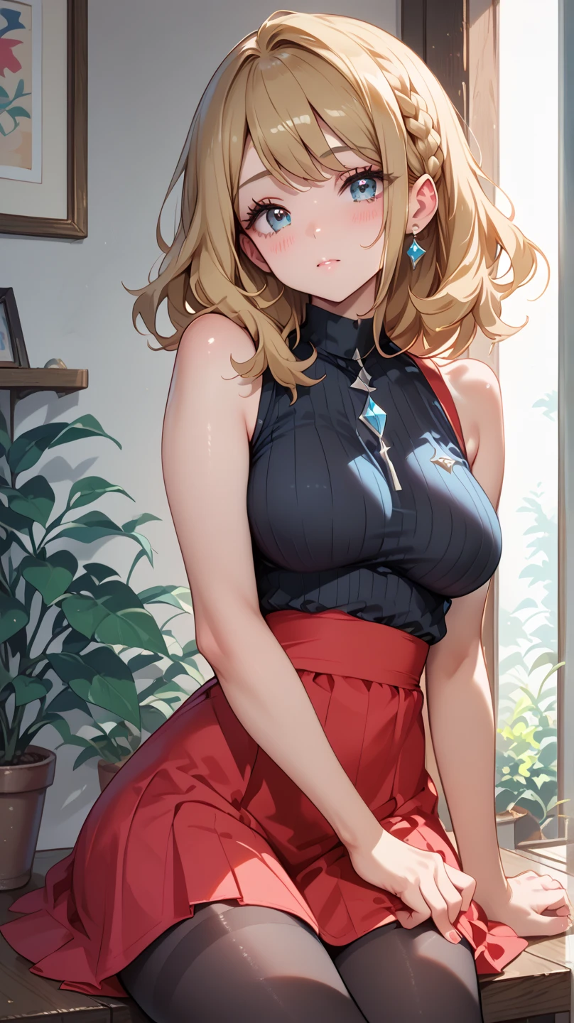 ((masterpiece,Highest quality:1.3,best quality illustration)),cowboy shot,1woman,(Mature Beauty),((very small head:1.4)),((ideal ratio body proportions:1.3)),blonde hair,(low ponytail),long hair,bangs,gorgeous eyes,Blue eyes,shy,(Red turtleneck knitwear、navel、Red pleated mini skirt),(slender body,skinny),medium breasts,gleaming skin,shiny skin,sweat,sitting,White bed sheets、Bedroom、Medieval European Castles、Sword and sorcery fantasy world、nsfw,