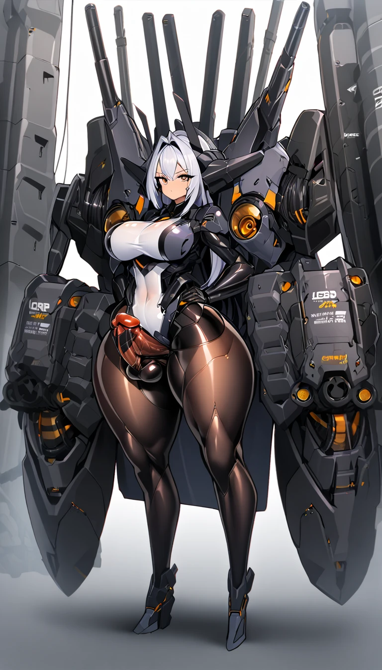 1 dark skinned girl, futuristic mech pilot, topless, no panties, huge breasts, mech pilot base, very fit, humanoid mecha in background, very sweaty, small waist with big bubble butt, smiling for a photo, cameltoe pussy, very long pigtails, white hair, spreading ass with no panties, zoom in on ass, ass fills frame