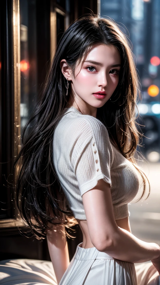 A beautiful girl with long brown hair, tight T-shirt, black leggings, detailed facial features, detailed breasts, detailed buttocks, beautiful detailed eyes, beautiful detailed lips, extremely detailed face, longeyelashes, photorealistic, 8k, hyperrealistic, highly detailed, masterpiece, cinematic lighting, vibrant colors, dramatic composition