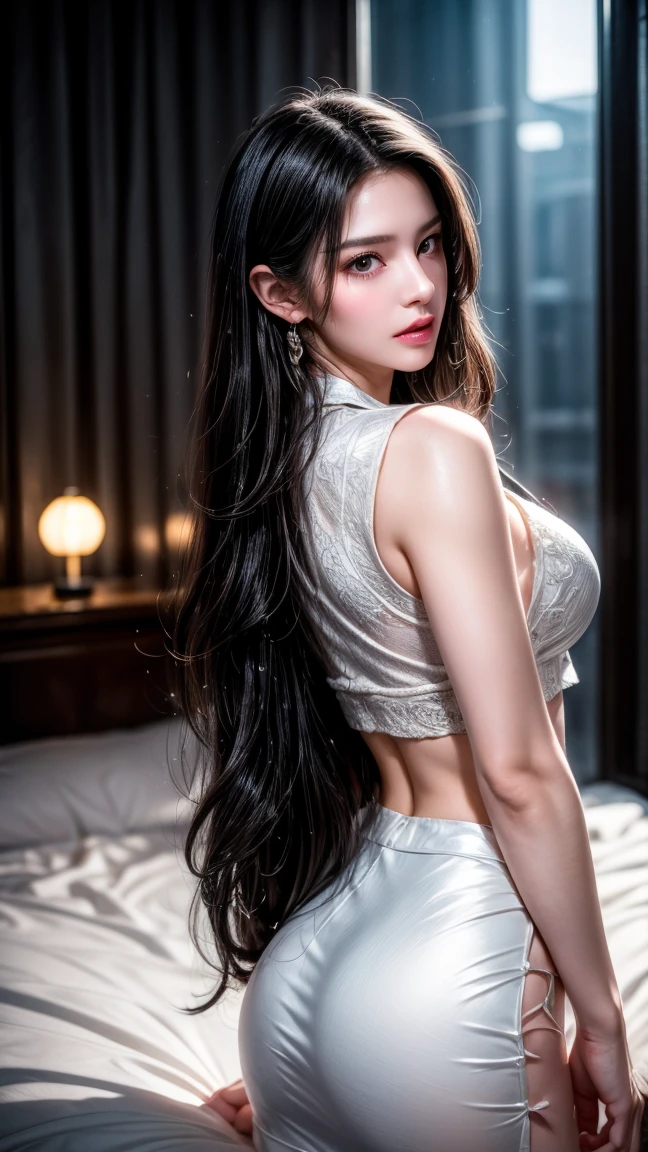from side, hip up,((addielyn)), side pose, Random posture, night time, (An extremely delicate and beautiful work), (masterpiece), 1girl, streetwear, highly detailed, ponytail contorted, charming expression, beautiful and clear eyes, blue eye pupil, delicate pearl necklace, delicate earrings, simple blurred background, extreme detail description, beautiful, charming, ultra-fine painting, delicate face, delicate figure, Fine collarbones, lovely lips, soft behind, mix4,(8k, RAW photo, best quality, masterpiece:1.2), (realistic, photo-realistic:1.37),1girl,cute,cityscape, night, rain, wet, professional lighting, photon mapping, radiosity, physically-based rendering, above waist,