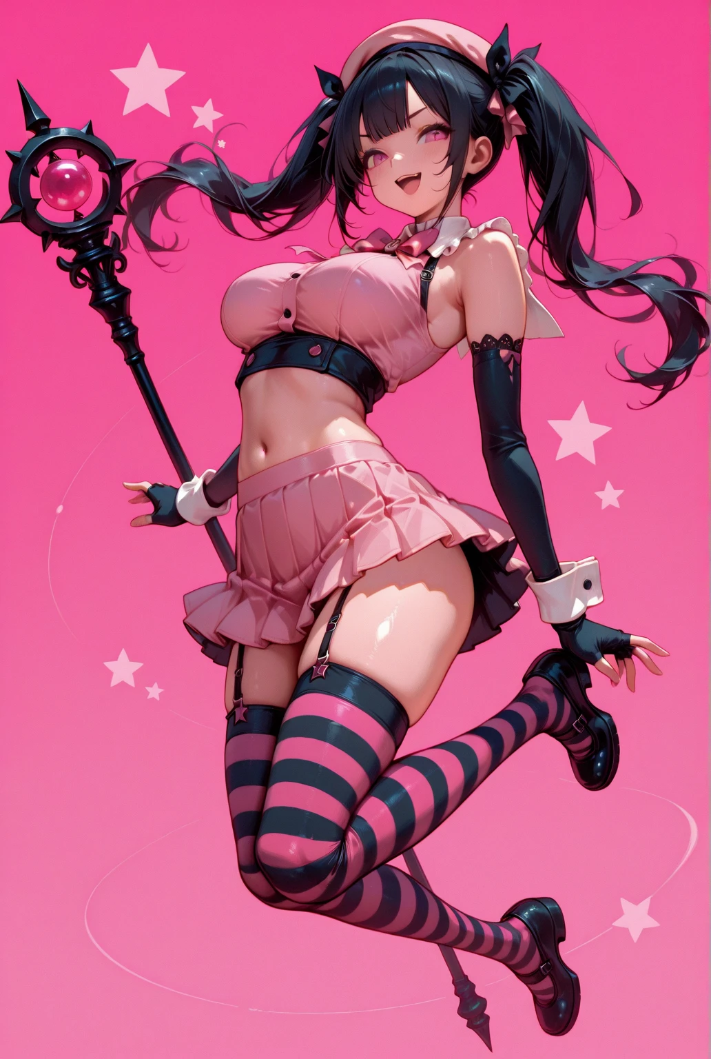 Gothic Barbie pink blouse black pleated skirt short fishnet stockings fishnet pink and black gloves pink makeup big eyeshadow eyeliner black lipstick black spikes medium hair with bangs pale white skin goth gothic subculture goth barbie
