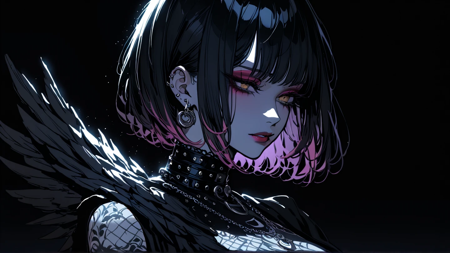 NSFW, 1girl, Holo-Punk Style, goth, black hair, earrings, eyelashes, indoors, jewelry, lips, makeup, necklace, short hair, solo, tattoo, faux hawk, punk aesthetic, foreshortening, darkbackground, cinematic lighting, masterpiece, best quality , big breasts