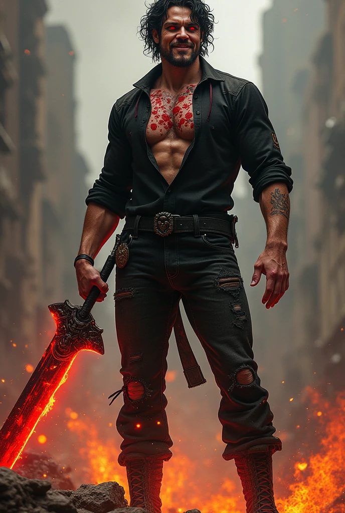 Extreme picture quality:photorealestic,Cool man with an electrified sword,Endure the wounds on your body that are still bleeding,Point to the enemy
