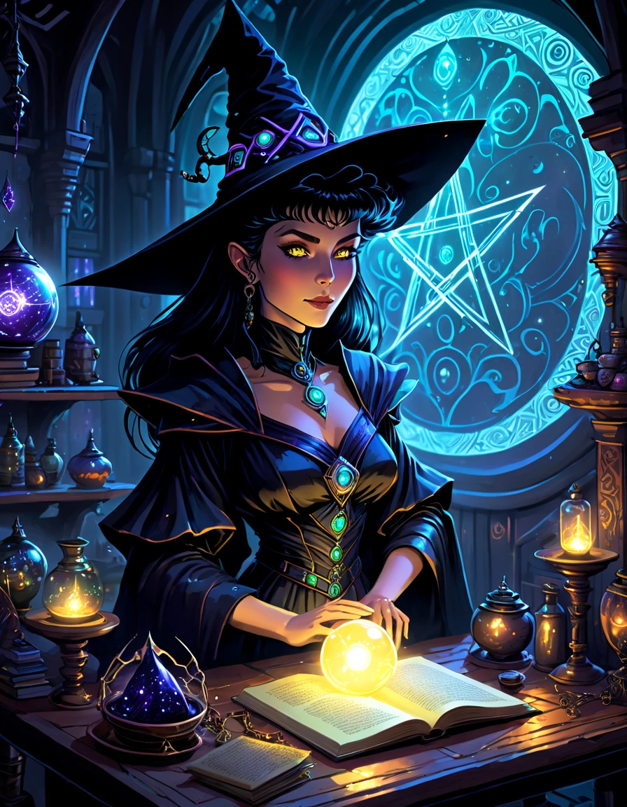 (masterpiece: 1.2), (best quality: 1.2), perfect eyes, perfect face, perfect lighting, 1girl, short, big breasts, mature sorceress casting a dark spell in a library, staff, short hair at chin height, straight black hair, mage_glam, robes, long sleeves, necklace, chains, straps, belts, socks, garters, wizard's hat, long nails, detailed background, makeup, eyeshadow, thick eyelashes, fantasy