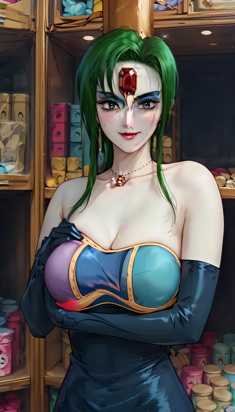 A beautiful woman with big breasts and beautiful legs is standing with a stunned expression in a dress-like outfit that shows her breasts.。