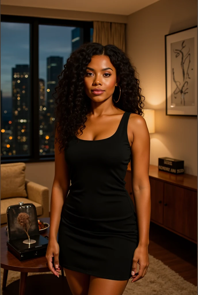 image of a [Black Woman with Curly Hair] [Brazilian Woman] [Wearing businesswoman clothes] and [serious businesswoman posture] and a [Welcoming Expression] [very detailed] with a [Beautiful Smile] and [Beautiful Eyes] that has 35 years in a [Luxurious Environment] and [Vibrant Colors]