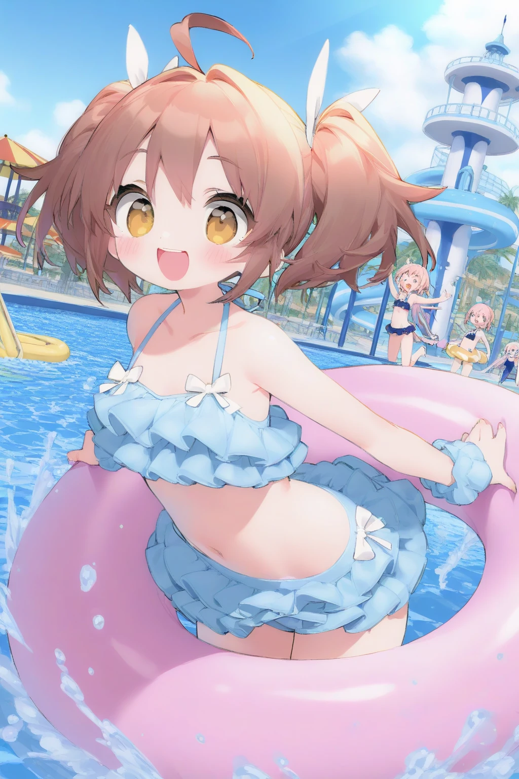 1girl, futanari, Slight crotch bulge, tiny girl, young girl, mesugaki, mesugaki smile, Boyish, long frilled SKIRT:1.2, swim suit, breasts, big ass, thick thighs, Teasing, naughty looks, heart eyes, Lower arm, A girl puts her hand on her crotch,, tidy, Focus on the girl, glossy skin, oily skin, Gravure, pinup, junior idols, Masterpiece:2, Top Quality, high Quality, Very Detailed, ultra  High Resolution, super High Resolution, Beautiful Detail, Dynamic angles, perfect lighting, 8k, Animation Style,  cartoon style, game cg, sfw:1.1, 