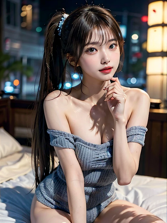 21yo girl, blue hair, (twintail Hair). Cute smile,detailed grey striped camisole croped tank top:1.4),close one eye, show shoulders, cleavage, show big thigh, Ultra Gigantic breasts:1.6 ,hands holding breasts,plumpy body, standing pose , doggy stye in the bed