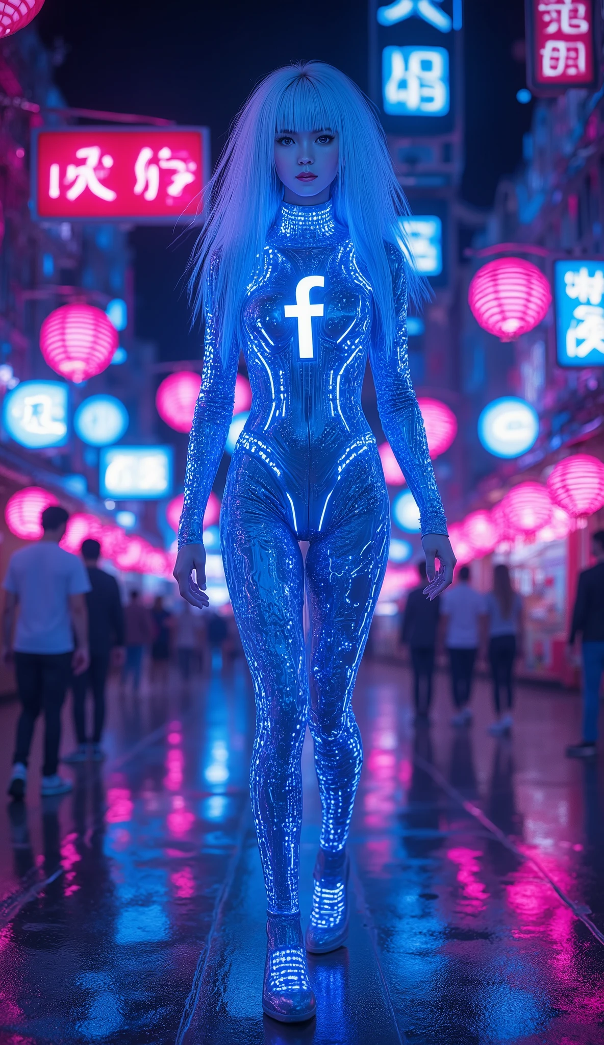 Facebook
"A colossal Facebook-inspired female figure, her metallic blue dress designed with interlocking circuits and glowing nodes. The glowing Facebook 'F' logo radiates from her forehead, and her eyes project a calming yet commanding presence. She walks through a neon-lit cyber plaza, her movements symbolizing connection and unity. Hyper-realistic, majestic, and futuristic."