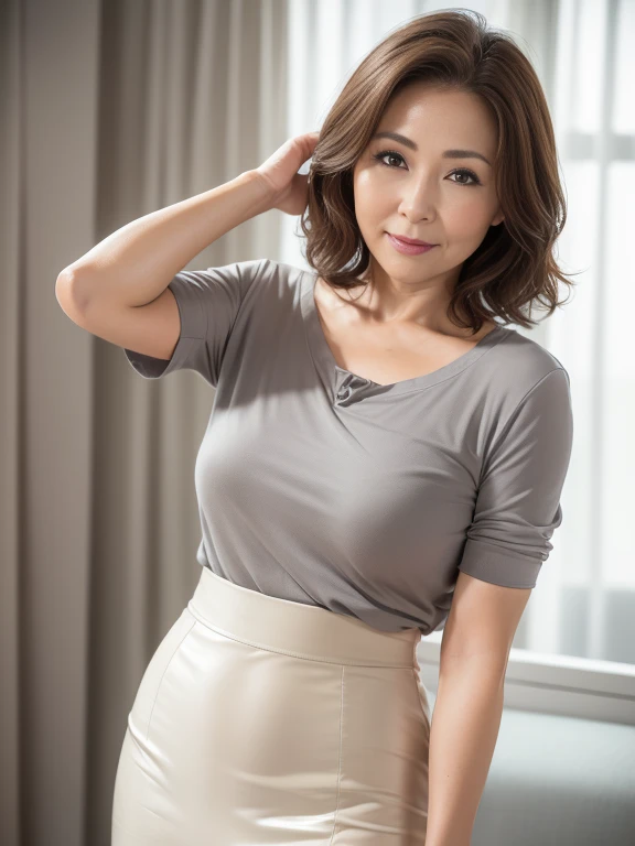 Full Body Shot,,50 years old,Mature Woman,detailedな目,Wrinkles around the eyes,A kind smile,big 1.6,Saggy breasts 1.3,Plump body,Thin and beautiful legs,Narrow waist,Sensual,(masterpiece:1.6, Highest quality), Intricate details, Written boundary depth,detailed, See-through sleeveless shirt with buttons and collar、Tight mini skirt、Erect nipples、I can see your belly,8k,Highest quality, masterpiece, Ultra-high resolution,, Random hairstyle