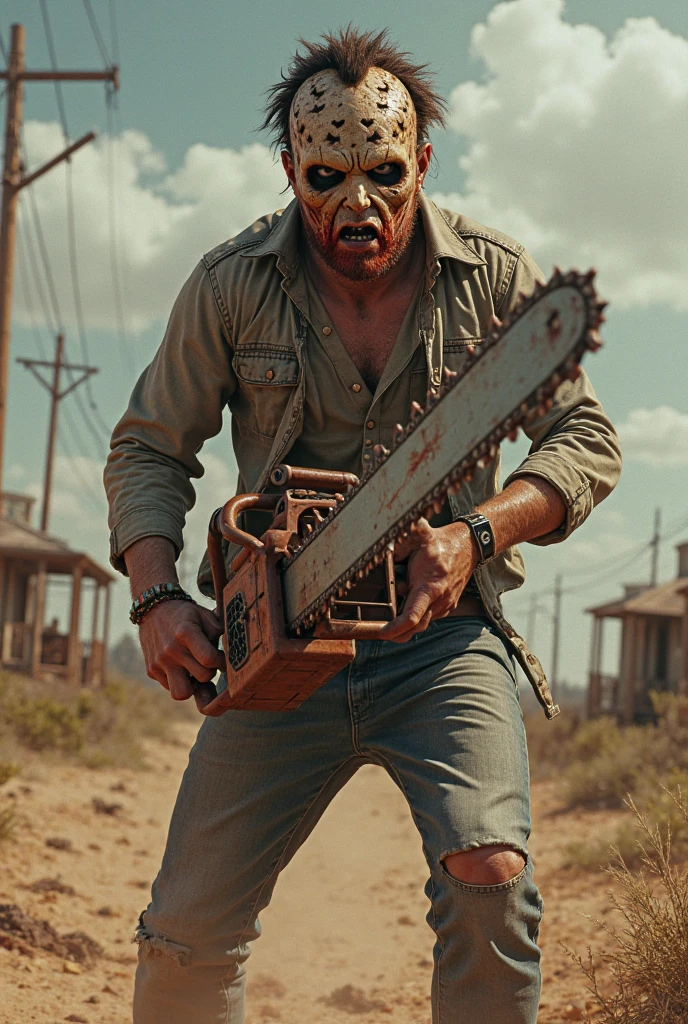 Full Body Shot、Texas Background、Aggressive pose、8k、Dark fantasy、murderer、Shaggy hair、Ugly Face、The Texas Chainsaw Massacre、Leatherface、Human skin on face、Strong body、Fat body、apron、blood droplets、Chainsaw、Give the viewer a malicious look, Grabbing Viewer, For the viewer,Shallow depth of field, Vignette, Very detailed, High budget, Bokeh, CinemaScope, Sulky, amazing, nice, Film Grain, granular . Creepy, Anxious, dark, Creepyな, Suspenseful, strict, Very detailed