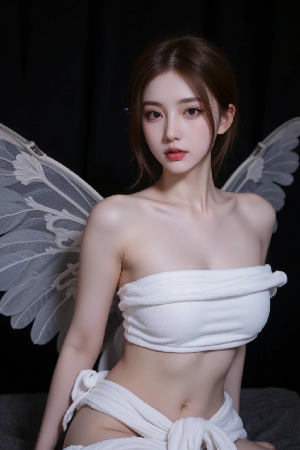 wings, 4K, high resolution, work of art, best qualityer, Head: 1.3, (Korean K-pop idol), thin skin, sharp focus, (cinema lighting), clavicle, morning, smooth light, dynamic angle, [: (face detailed:1.2):0.2], underarm wrinkles, tight slit, redgown, Scrawny, middle of the chest, neckleace, whole body,Nude